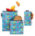 Colorful reusable pouches with bright blue background featuring vibrant red, yellow, pink, and orange design elements with vehicle graphics.