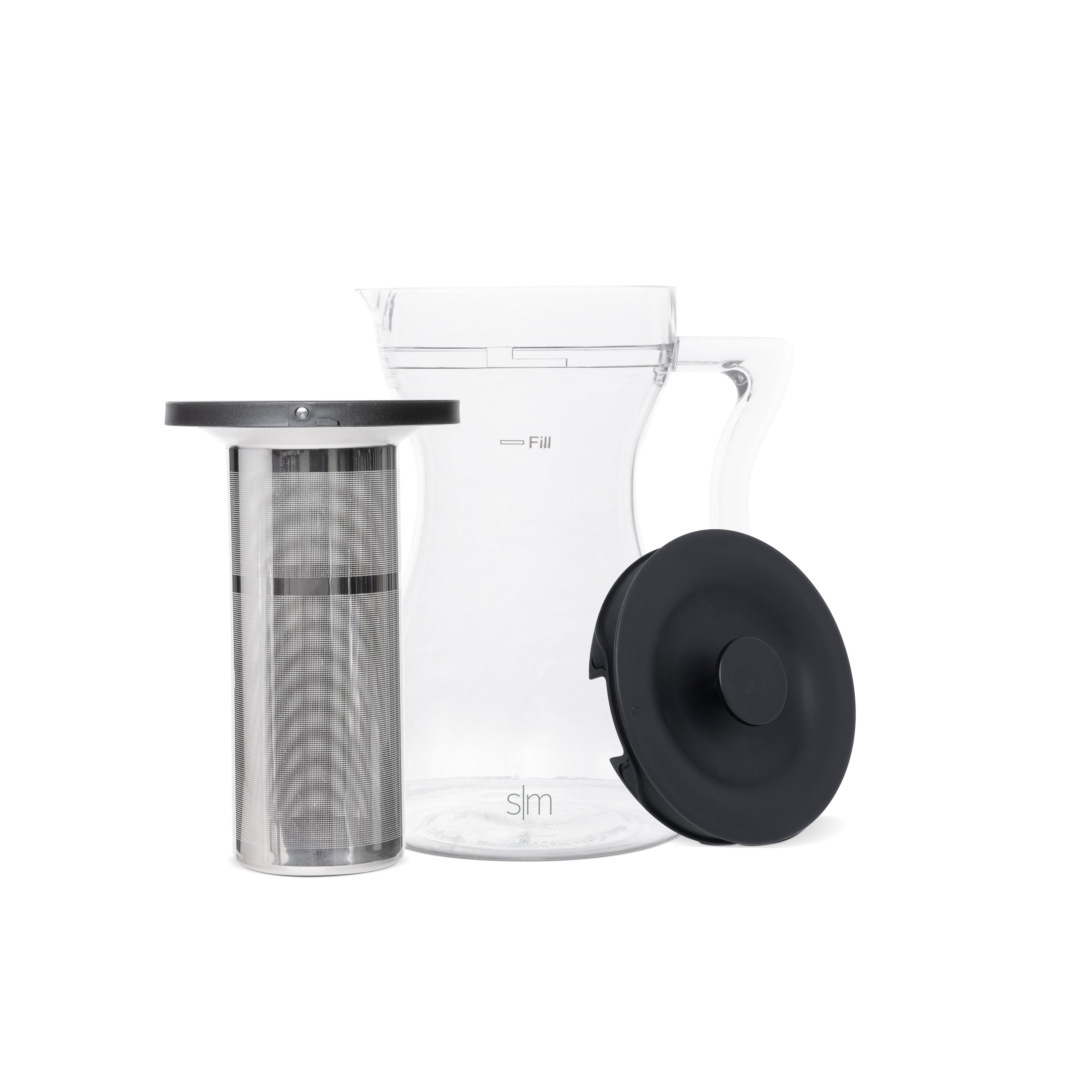 Exploded view of clear glass container with black metal components and lid on light gray background