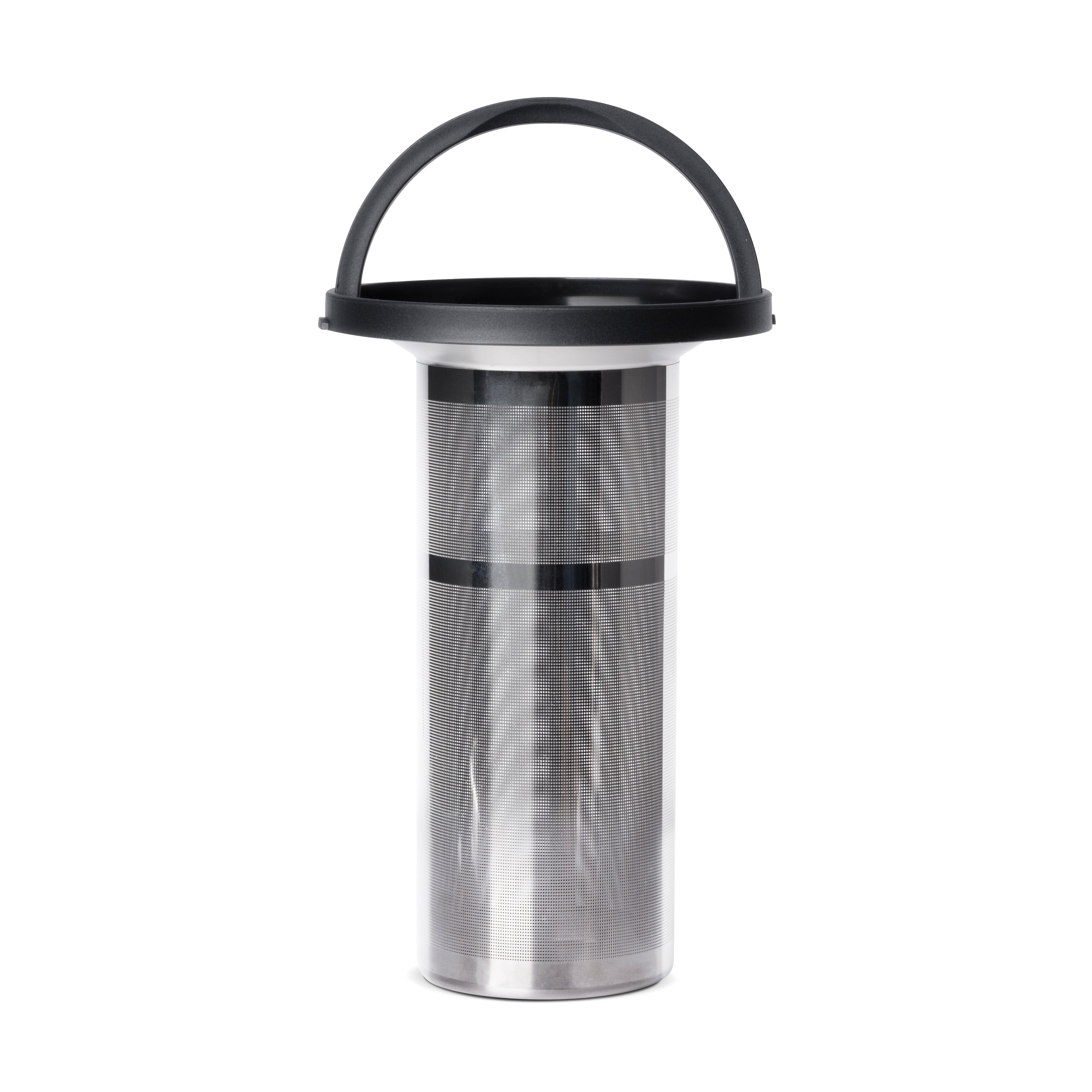 Brushed stainless steel cylindrical filter with metallic finish against a black and white background